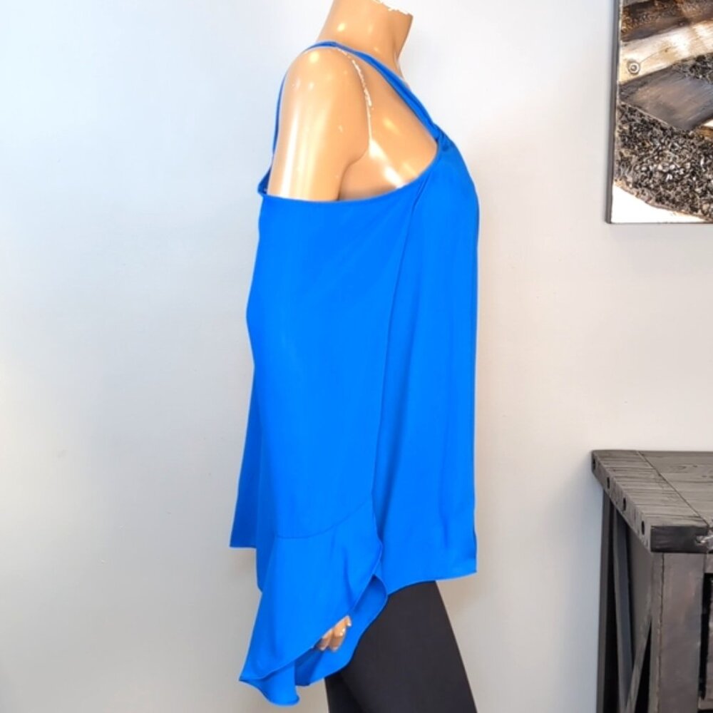 Halston Blue Cold Shoulder Blouse Womens Size XL Long Sleeve Twist Halter Top - Picture 9 of 14